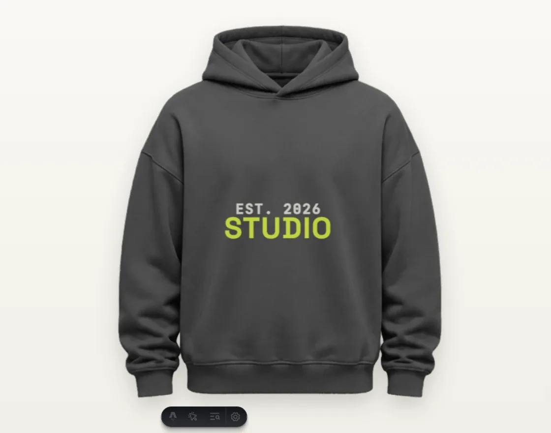 Online apparel designer showing graphic placement on a hoodie; a digital preview rather than a printed sample