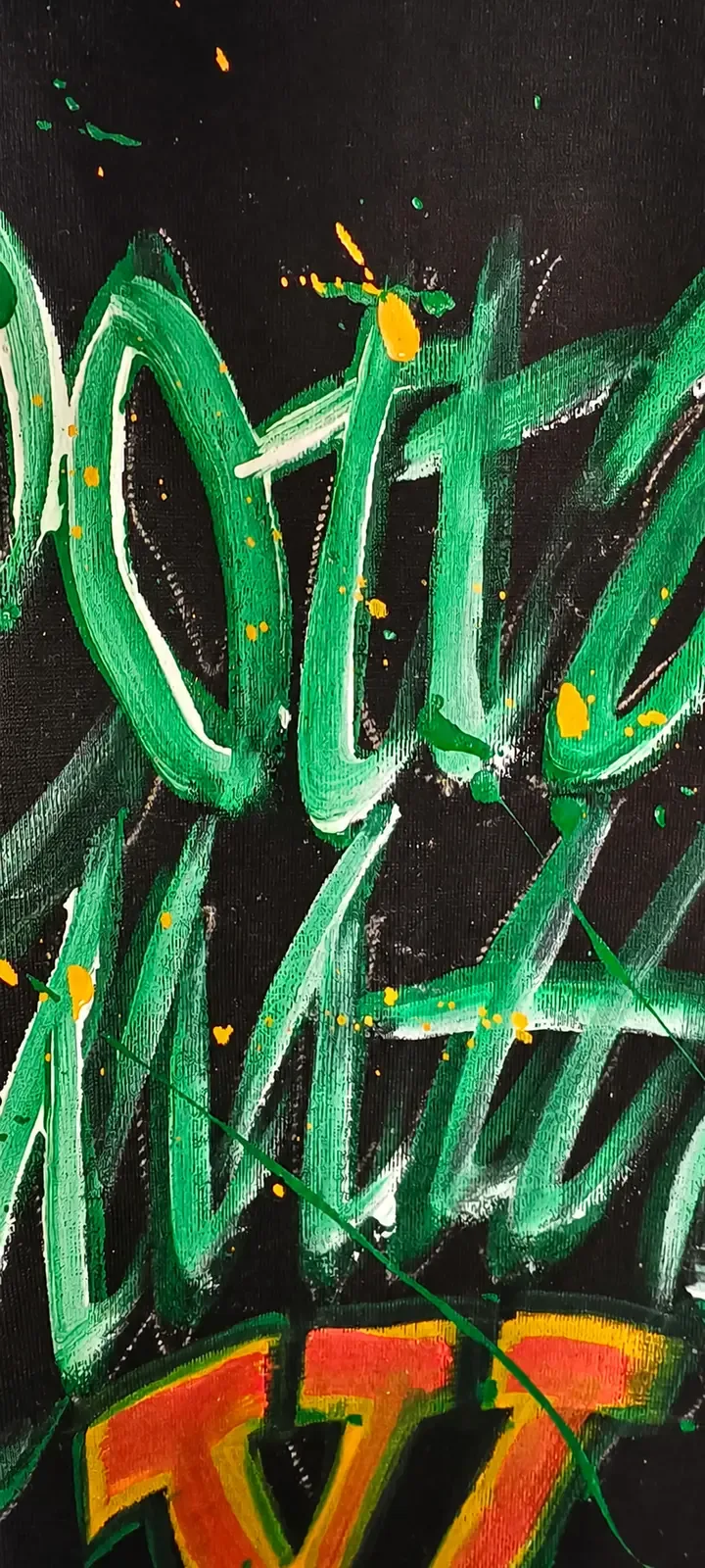 Green graffiti-style brushstrokes and yellow paint splashes on a black textile reference