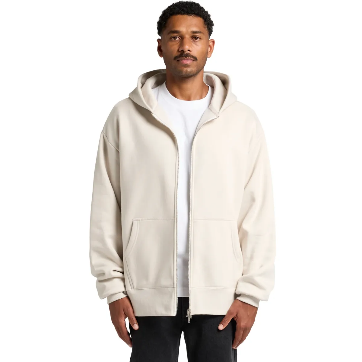 Representative fit image — Ecru heavy zip hoodie fit reference — AS Colour supplier image