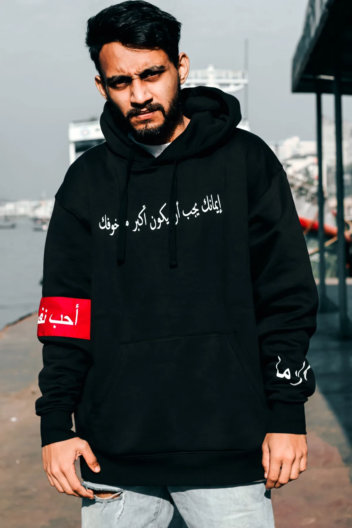 Representative image of a model wearing a heavyweight hoodie with print